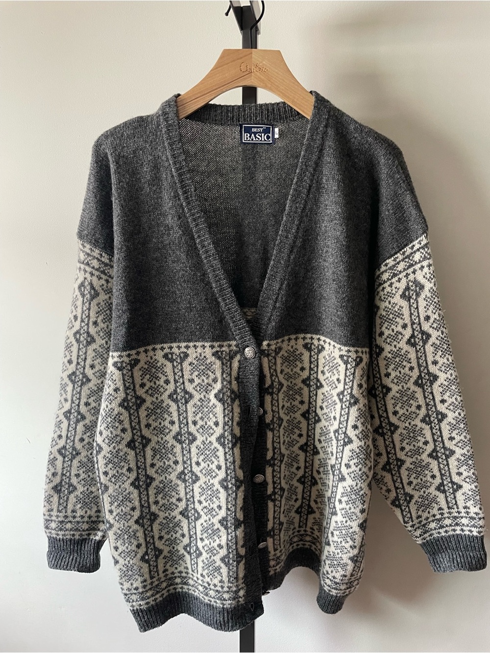 90s Vintage Best Basic Shetland Wool Nordic Fair Isle Cardigan Mens Large